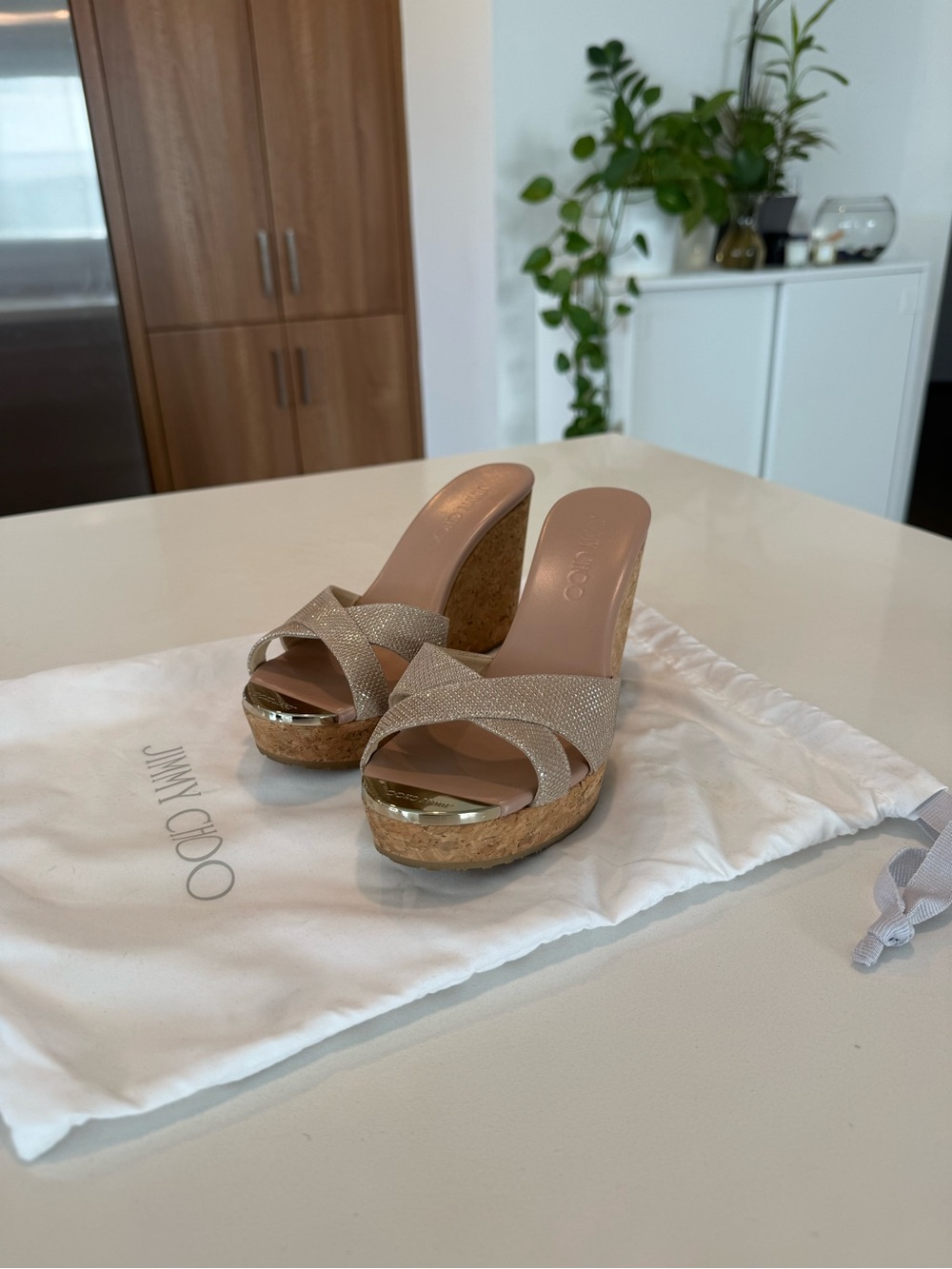 Jimmy Choo Neutral Sparkle Wedge Sandals